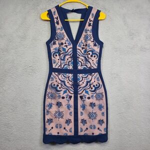 Greylin Dress Womens XS Blue Pink Mesh Floral Embroidered Bodycon Capsule Sheath